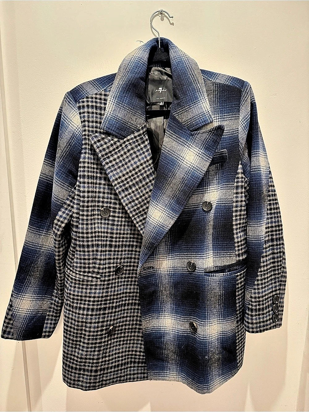 7 for all mankind Plaid Double-Breasted Blazer in Blue & White Size Medium